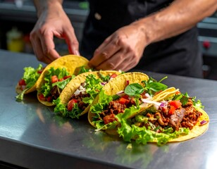 Chef preparing row of crispy shell tacos filled with seasoned meat lettuce tomatoes and onion 93 characters