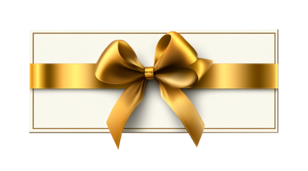 White gift voucher with gold ribbon and bow, Elegant white gift voucher featuring a gold ribbon and bow, isolated on transparent background 
