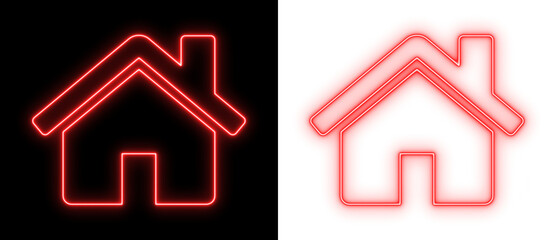 Red neon house icon glowing on black and transparent backgrounds, bright home outline symbol for real estate, property, and UI design
