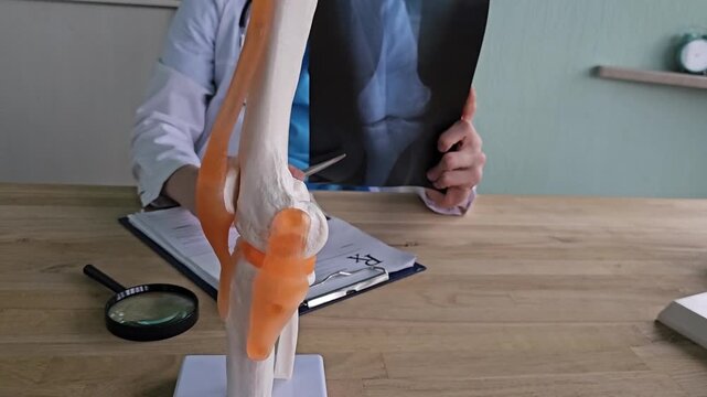 Doctor examines knee model and X-ray to discuss joint health in a medical office setting