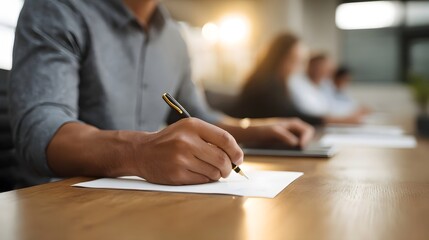 Close up of a person s hand writing a note on paper during a business meeting bathed in golden hour light