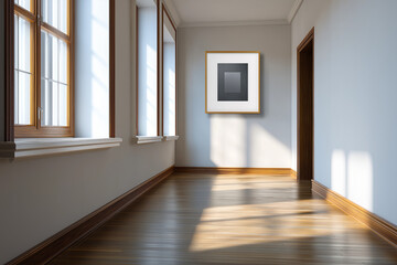 Obraz premium A clean and well-lit hallway featuring a piece of wall art, embodying simplicity, elegance, and the beauty of interior design in a modern space.