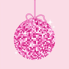 Pink disco ball Christmas ornament with bow in modern festive style. Glam holiday illustration for party design, greeting cards, social media and trendy seasonal graphics.