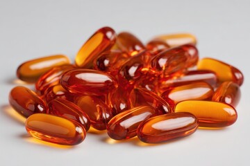 Overhead View of a Pile of Brown Softgel Capsules Filled with Vitamin D3 in a Handful Display