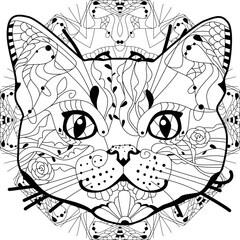 Stylized head of cat on mandala for coloring book. Hand Drawn lace vector illustration