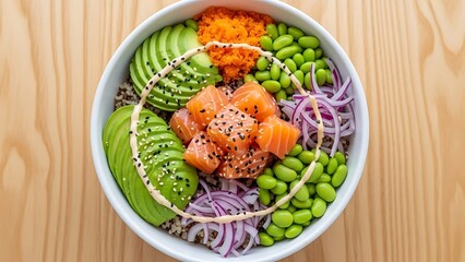 Delicious Poke Bowl with Salmon Avocado and Edamame