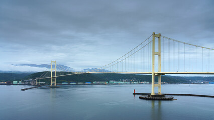 Muroran, Hokkaido, Japan - Oct 04 2024, panoramic view of the cable-stayed Hakucho Bridge, at daytime, Muroran, Japan