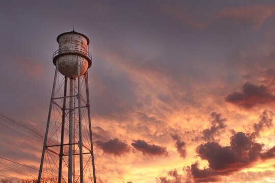 Pflugerville's Timeless Water Tower: A Majestic Metal Structure Against a Sunset Sky