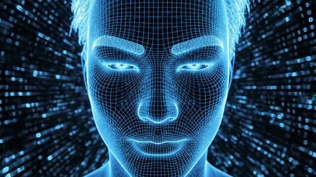 Dynamic dolly zoom effect on cyber wireframe face. Blue digital head radiates energy in burst, transitions to focused scan gaze. Futuristic ai scanning visualization technology concept.