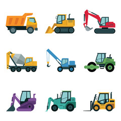 Industrial machinery icon set, backhoe roller grader truck symbols, engineering construction workflow theme, modern flat vector illustration pack