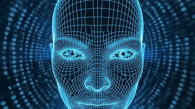 Dynamic dolly zoom on glowing blue wireframe human head. Digital face emerging from abstract grid patterns. Futuristic cybernetic animation and virtual technology concept.