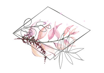 Watercolor hand painted pink and orange leaves, burgundy dry branch line art eucalyptus and rhombus frame. Floral arrangement composition design