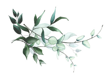 Watercolor hand painted turquoise and dark green eucalyptus branches bouquet arrangement . Greenery template design clipart