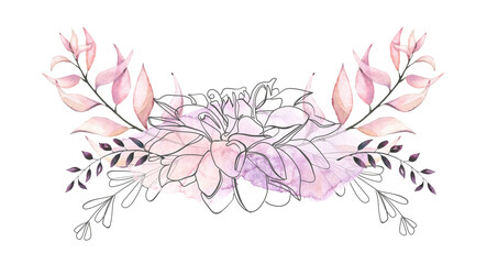 Watercolor hand painted symmetric violet, pink, orange leaves, line art flower floral bouquet. Abstract washes. Floral arrangement design.