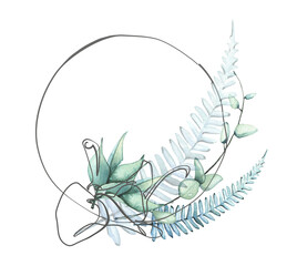 Watercolor hand painted green, turquoise, blue fern, eucalyptus branches, line round frame template. Floral arrangement design clipart.