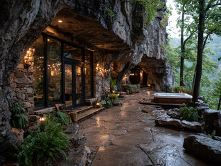 Obraz premium a cave house with stone walls and a stone patio, adorned with string lights, potted plants, and a hot tub. The outdoor area is surrounded by lush greenery and trees