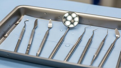 Dental tools on tray in medical setting for examination
