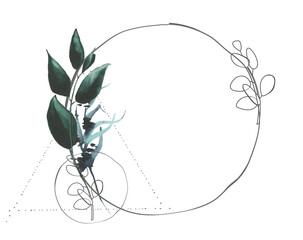Watercolor hand painted green leaves branch, black, blue lavender and geometric line art round frame. Floral arrangement design template clipart.