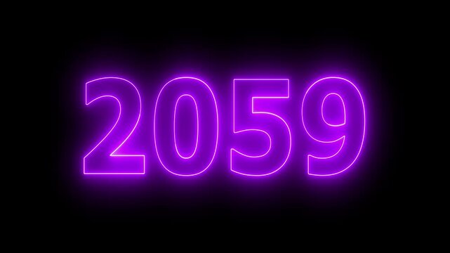 Glowing neon 2059 Happy New Year text with clean neon outlines and subtle. important year, important date 2059. Educational mathematics 2059 animation on background...