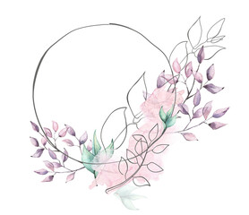 Watercolor hand painted violet, green, turquoise leaves, line art floral round frame. Abstract washes. Floral arrangement design.
