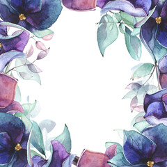 Watercolor hand painted blue, violet, purple hydrangea flowers, turquoise eucalyptus branches wreath frame. Floral template design.