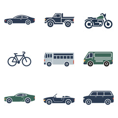 Fototapeta premium City mobility icon collection, car bus bicycle van symbols, urban transportation system theme, clean flat vector illustration design