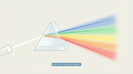 A clear illustration of Newton's prism experiment showing the dispersion of white light into the visible spectrum (rainbow colors) as it passes through a triangular glass prism.