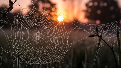 Dewy Spider Web at Sunrise in Nature Landscape