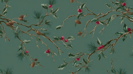 Pine Branch and Berry Pattern &Acirc;&middot; Visual Description: A continuous or scattered pattern composed of holly leaves, pine branches, pine cones, and red berries. It can be achieved using a classic color sc