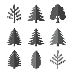 Obraz premium Conifer forest tree icon set, pine fir spruce silhouettes symbols, evergreen woodland nature theme, clean flat vector illustration
