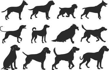 Collection of dog breed silhouettes in various poses