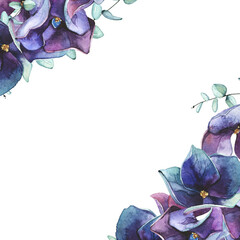 Watercolor hand painted blue, violet, purple hydrangea flowers, turquoise eucalyptus branches, leaves frame. Floral template design.