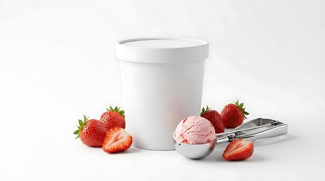 Clean studio shot of strawberry ice cream in a blank white container mockup with fresh strawberries and a scoop on a white background, ideal for product and packaging design.