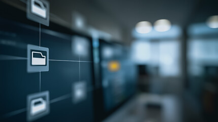 A modern visual depicts the interconnectedness of digital folders and data within a cutting-edge server room environment.