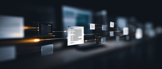 A digital document interface with a futuristic design, highlighting interconnected information flow and efficient data access.