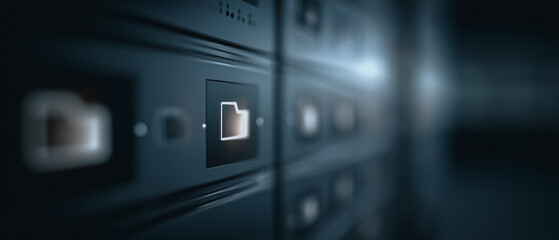 Abstract depiction of a sleek data server cabinet, rendered in cool tones.