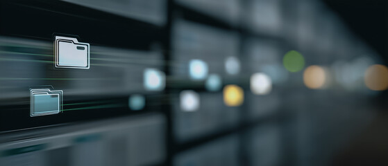 Digital file icons floating in a modern, streamlined server room. Representing data storage, cloud technology, and information management in a high-tech environment. 