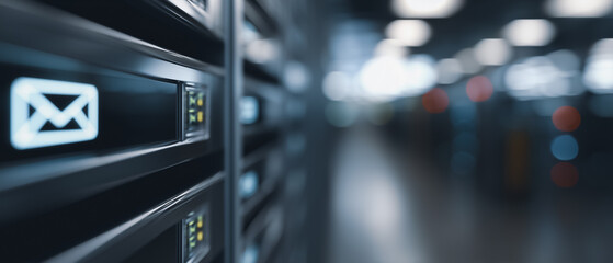 A close-up view of a server room, focusing on a network server with its mail icon glowing, conveying connectivity and data processing.