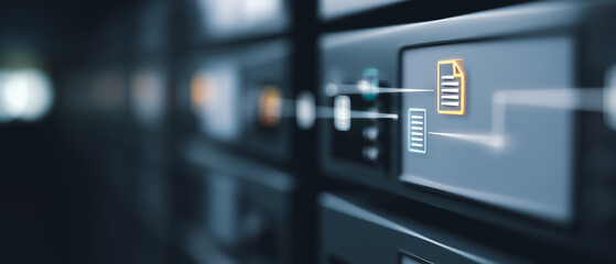 A sleek, modern printer is depicted up close, its interface illuminated to show data transfer and document status. The focus is on the icon representing a document being processed or printed. 