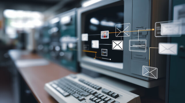 An old computer showing email notifications in a business environment. Capturing vintage technology's influence.