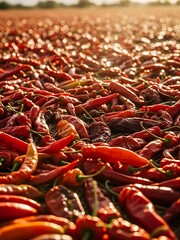 Dried Red Chilies Spread Out in Sunlit Field