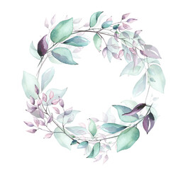 Watercolor hand painted blue, pink, turquoise, green branches and leaves round wreath frame. Delicate Floral template design clipart.