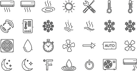 A comprehensive set of outline line icons representing various climate control, air conditioning, heating, and cooling system settings, features, and technical functions.