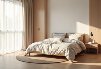 A bedroom with a king-size bed, decorated in Scandinavian style using warm natural materials and minimal decor. Pantone Color of the Year 11-4201. Side view