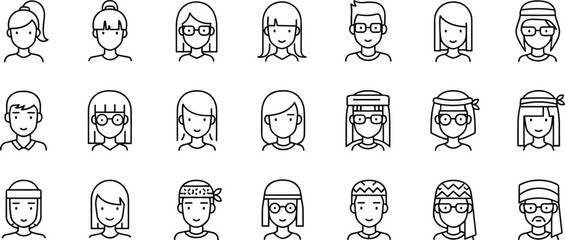 A large set of minimalist, diverse, gender-neutral user avatar outline icons featuring various hairstyles, glasses, headwear, and facial expressions for user profiles.