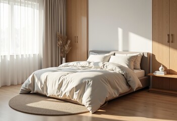 A bedroom with a king-size bed, decorated in Scandinavian style using warm natural materials and minimal decor. Pantone Color of the Year 11-4201. Side view