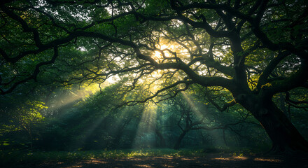 Sun Rays Through Forest Canopy