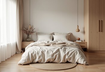 A bedroom with a large bed, decorated in Scandinavian style using warm natural materials and minimal decor. Pantone Color of the Year 11-4201. Frontal view