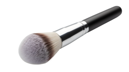 Large powder makeup brush with silver ferrule and black handle on white background