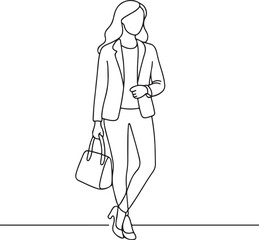 Standing Woman With Handbag Line Art Fashion Lifestyle Pose